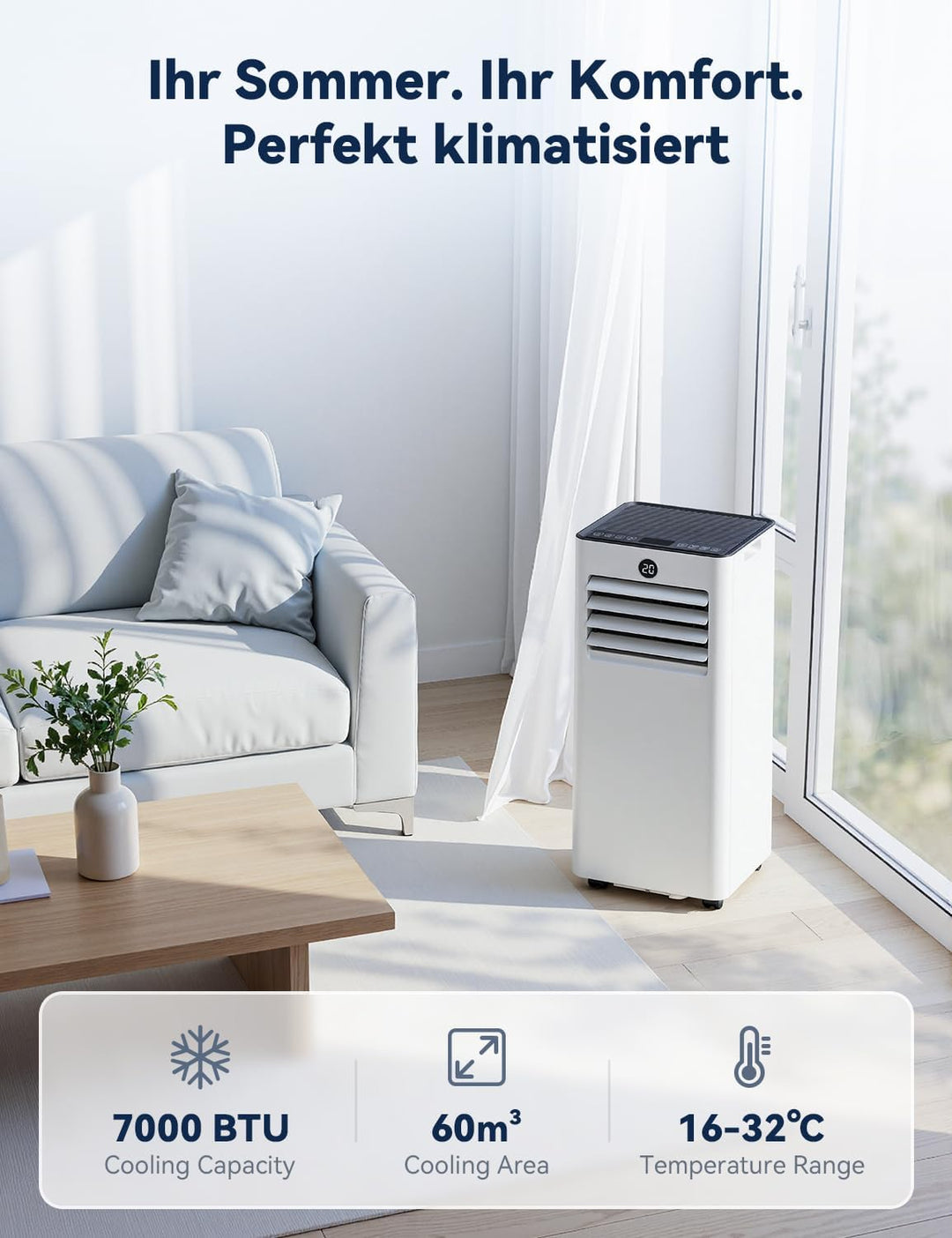 JUMMICO Mobile Klimaanlage 6000 BTU mit Abluftschlauch & Fensterkit, Medium