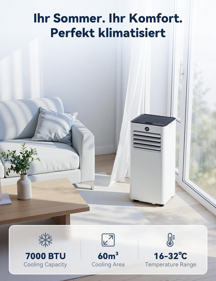 JUMMICO Mobile Klimaanlage 6000 BTU mit Abluftschlauch & Fensterkit, Medium