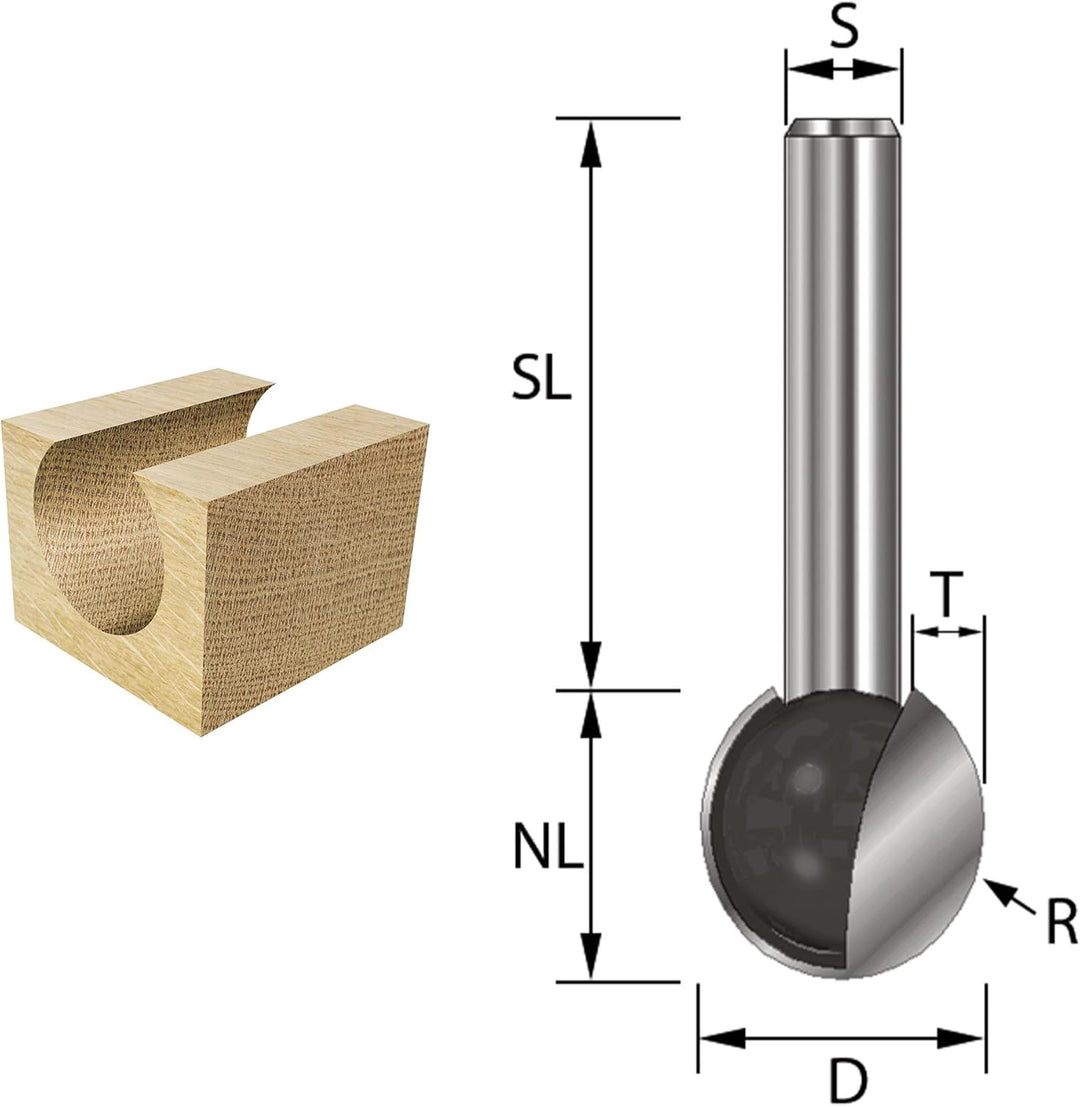 ENT 17085 Kugelfräser HW, Schaft (S) 12 mm, Durchmesser (D) 18 mm, NL 16,79 mm, R 9 mm, T 3 mm, SL 4