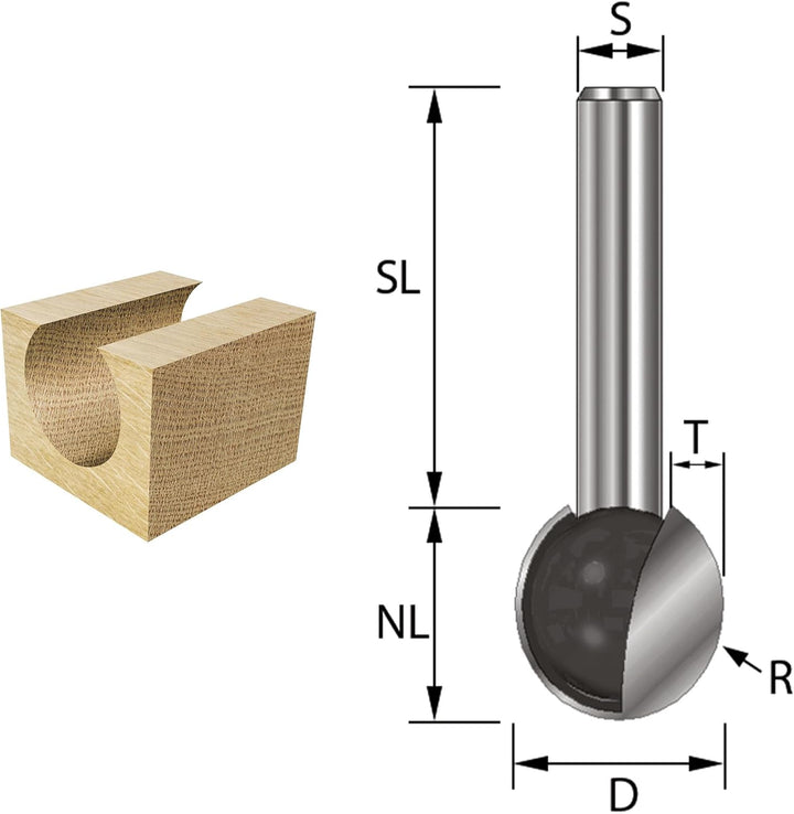 ENT 17085 Kugelfräser HW, Schaft (S) 12 mm, Durchmesser (D) 18 mm, NL 16,79 mm, R 9 mm, T 3 mm, SL 4