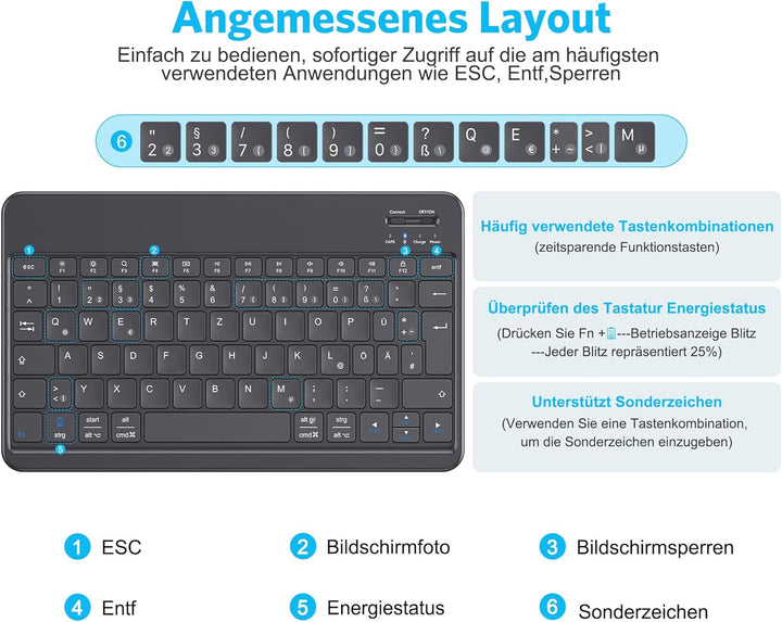 Emetok Deutsche Bluetooth Tastatur für iPad Air/iPad Pro/Mini/iPad 10.9/10.2/9.7/iPhone/Samsung/Andr
