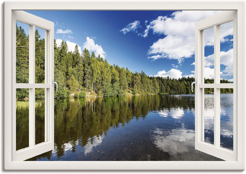 ARTland Leinwandbilder Wandbild Bild Leinwand 100x70 cm Fensterblick Wald See Landschaft Norwegen Na