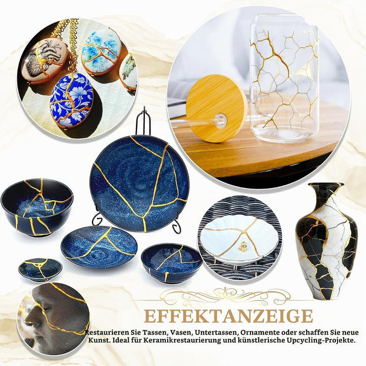 Kintsugi Reparaturset, Japanisches Kintsugi Kit mit 50ml Lebensmittelechter Keramikkleber, 4 Farben