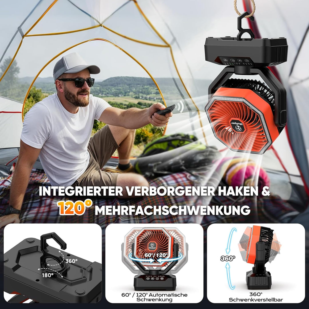 Multper 20000mAh Akku Camping Ventilator mit Fernbedienung & LED Licht, USB Ventilator leise mit Tim