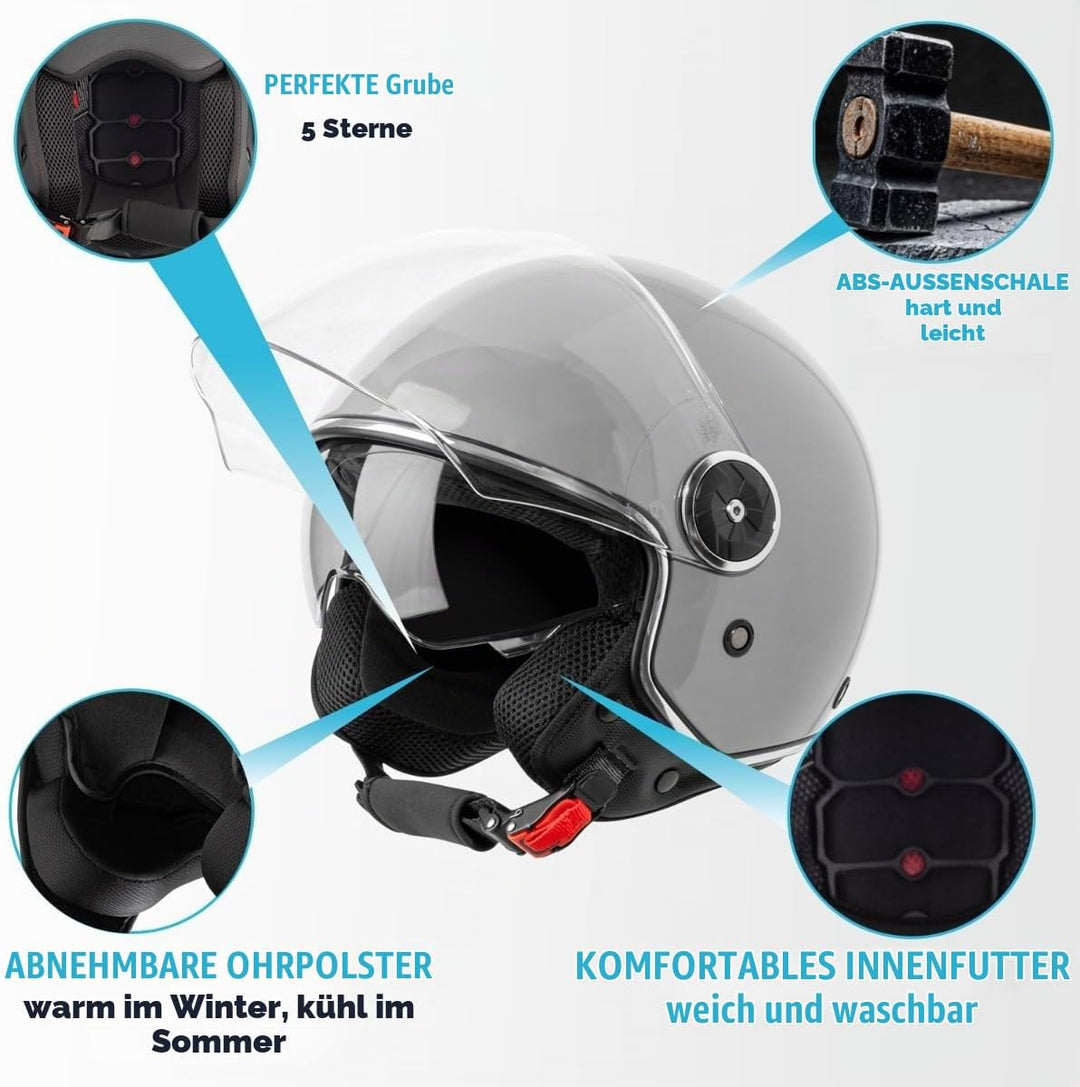 VINZ Tobia Jethelm mit Doppelvisier | Roller Helm mit Sonnenblende | In Gr. XS-XXL | ECE 22.06 Zerti