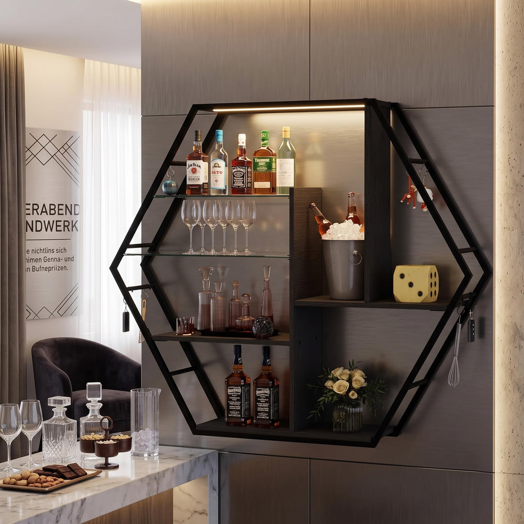 YOURLITE Bar Regal Wand, Schwebende Regale mit 7 Farben LED, Wandregal Küche mit Glasablage, mit 8 S