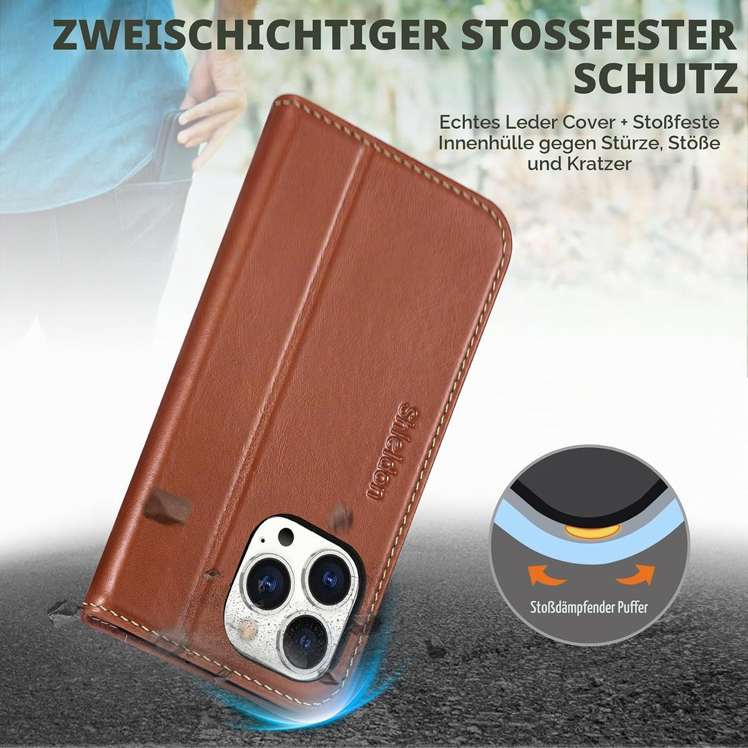 SHIELDON Hülle für iPhone 14 Pro Max Handyhülle [Erstklassig Echtleder] [Kartenfach] [Magnet] [Stand