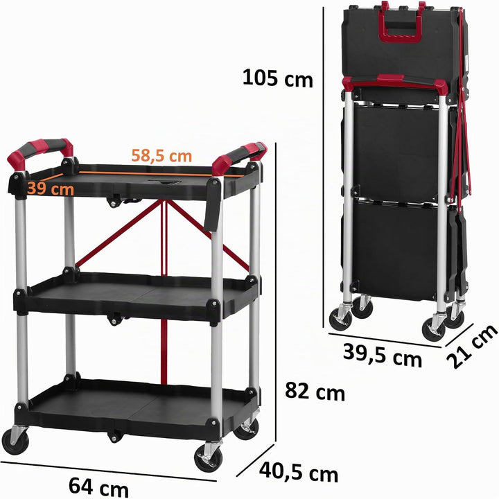 Mahlzeit Faltbarer Servierwagen mit Rollen | 64 x 40,5 x 82 cm, Bis zu 150 kg Belastbar | Rot/Schwar
