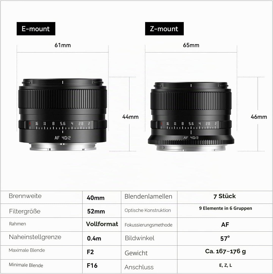 TTARTISAN 40 mm f/2 AF-Objektiv für L-Mount, Vollformat 40 mm f2 Autofokus Prime Objektive für L-Mou