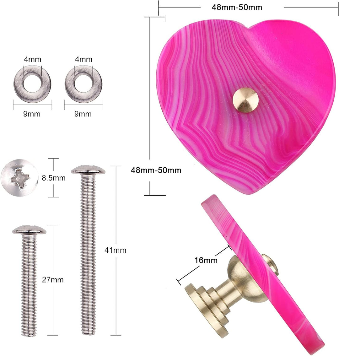 KYEYGWO 4 Stück Rosa Herz Achat Scheiben Möbelknöpfe, Polierte Herzförmig Edelstein Schubladenknöpfe