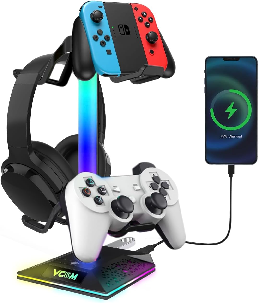 VCOM RGB Gaming Kopfhörer Ständer mit 10-Licht Modi, Controller Halter mit 2 USB Ports, PC Gaming Zu