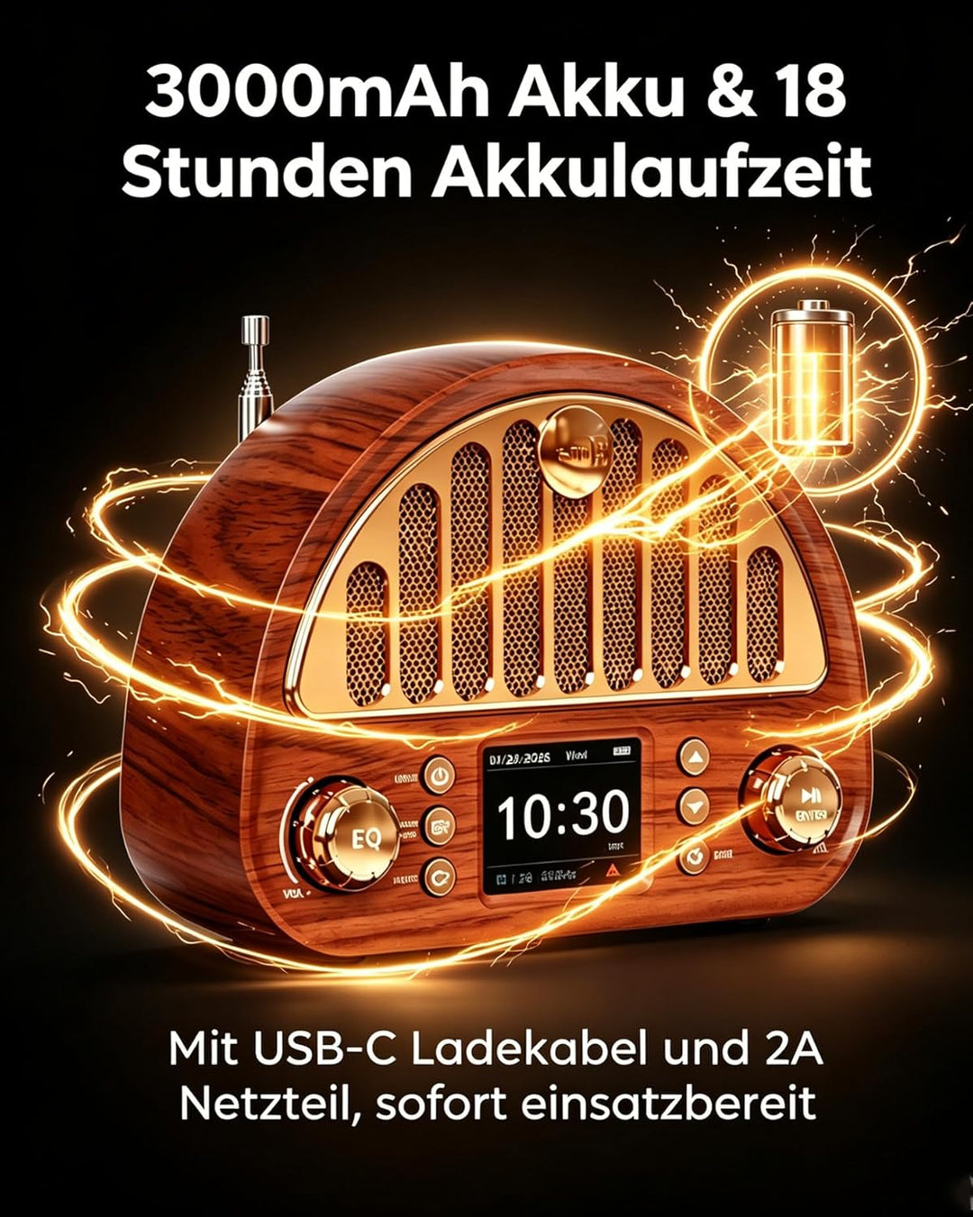 DAB+/UKW Radio mit Bluetooth5.0, TF-Karte & AUX-Eingang, 3000mAh USB-C, Farbdisplay, Auto-Sendersuch