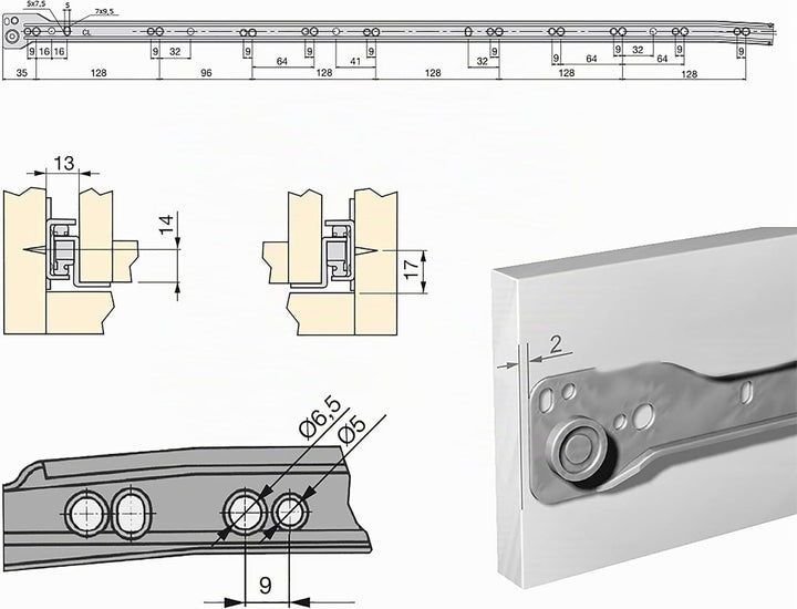 Emuca - Schubladenführungen mit Rollen und Teilauszug, Weiss lackiert, 800 mm, 5 Stück L 800mm Weiss