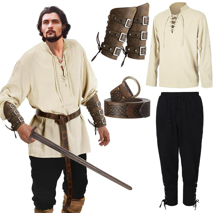 Occzin Mittelalter Kleidung Herren - 5 Stück Herren Renaissance Kostüm Set, Herren Mittelalter Hemd