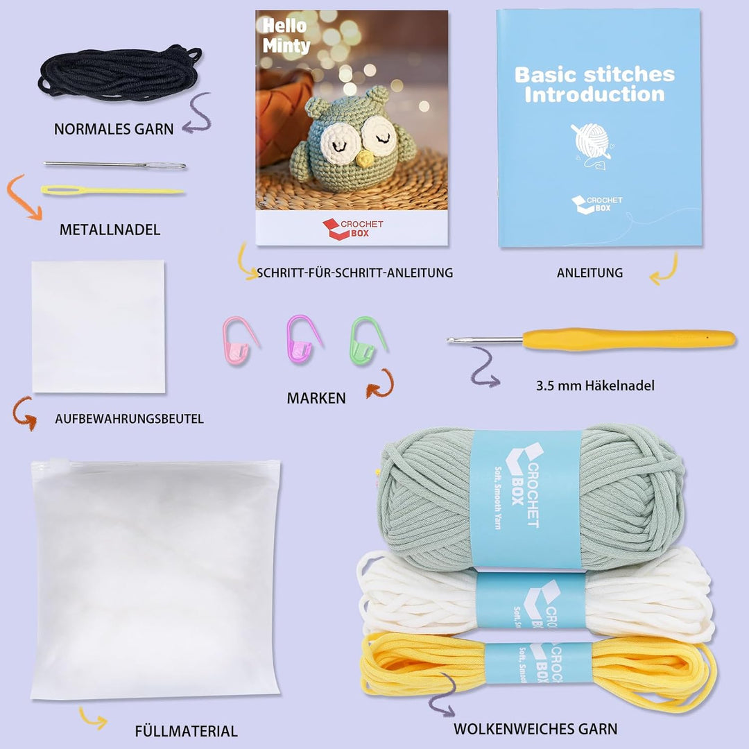 CrochetBox Komplettes Schottisches Hochlandrind Häkelset für Anfänger, Eulen Häkelset, Video-Tutoria