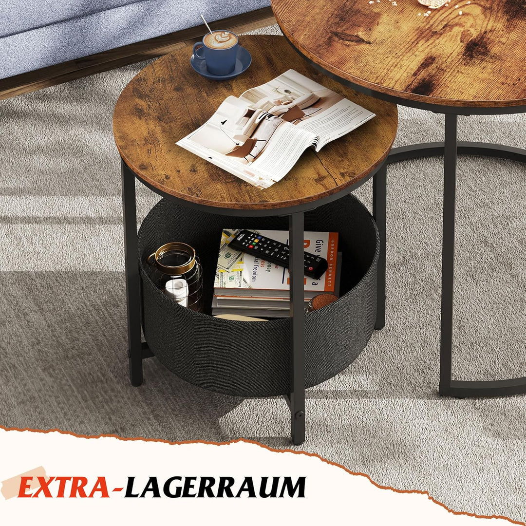 WLIVE Couchtisch 2er Set, Beistelltisch Rund mit Stauraum, Wohnzimmertisch Holz mit Metallrahmen, So