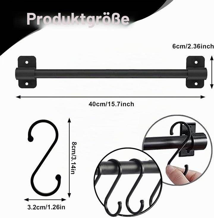 Schwarzer Aluminium-Utensilienhalter, Küchenregal, Wandmontage, Küchenschiene, Pfannenaufhänger mit