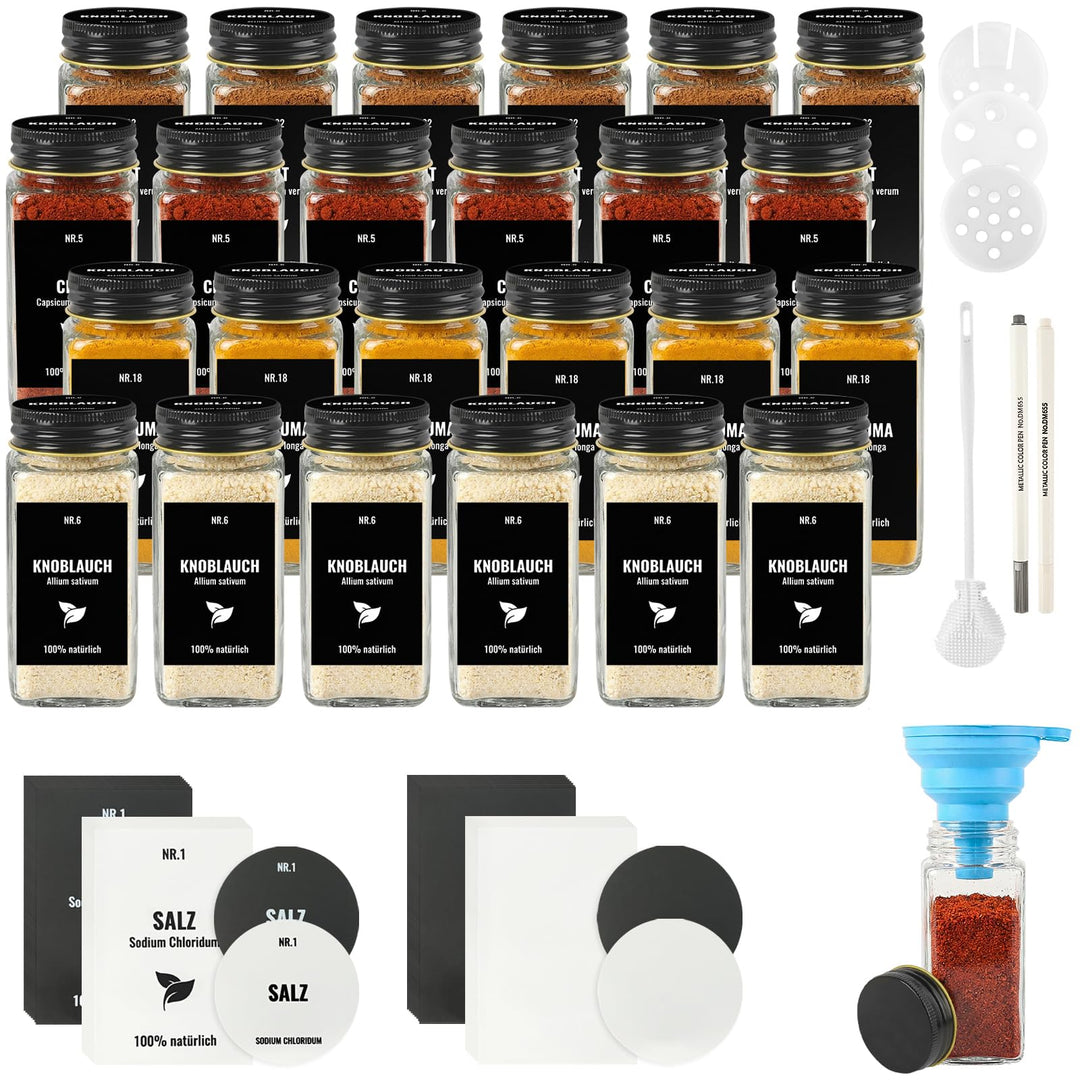 24pcs Gewürzgläser Eckig mit Aluminiumdeckel, 120ml Glasbehälter mit Streueinsatz, Luftdichte Gewürz