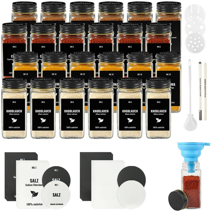 24pcs Gewürzgläser Eckig mit Aluminiumdeckel, 120ml Glasbehälter mit Streueinsatz, Luftdichte Gewürz