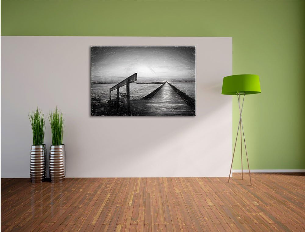 Pixxprint Langer Steg an der Nordsee / 100x70cm Leinwandbild bespannt auf Holzrahmen/Wandbild Kunstd