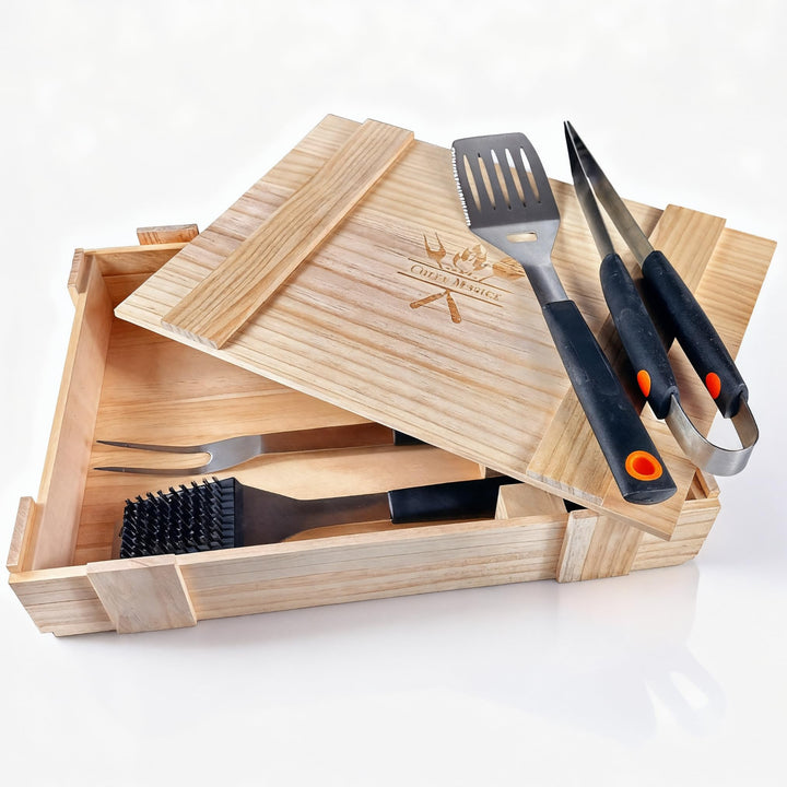 Grillset für Männer Geschenk in Holzkiste – Grillbesteck Set aus Edelstahl - 3-in-1 Spachtel & Reini