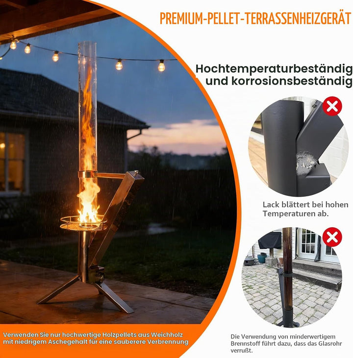 Feuerrohr, Edelstahl Feuersäule und Pelletfackel für Tolles Ambiente-Feuer,Reinigungsbürste incl
