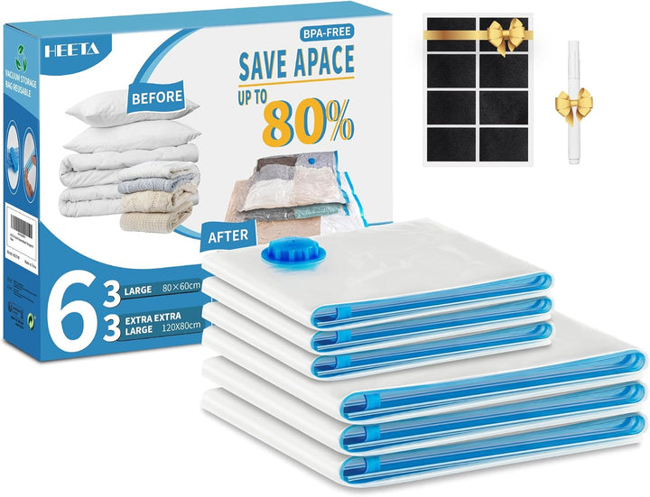 HEETA 6 Stück Vakuumbeutel für Kleidung(3 Jumbo+3 Gross) Vakuum Wiederverwendbar Kleiderbeutel mit A