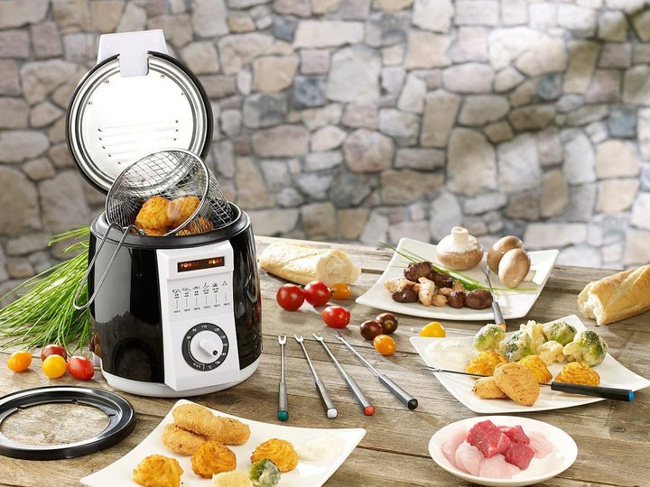 Rosenstein & Söhne Minifritteuse: 2er-Set kompakte Tisch-Fritteusen mit Fondue-Set, 0,9 Liter, 840 W