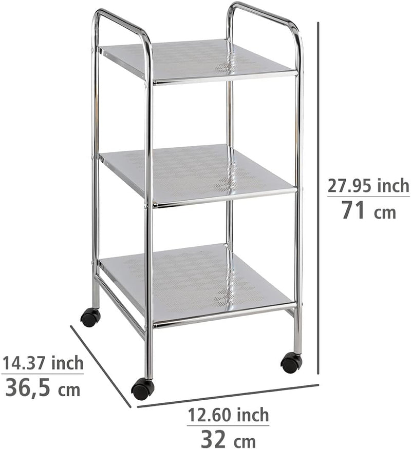 WENKO Badwagen Sando, Haushaltswagen mit 3 Ablagen, rollbarer Küchenwagen aus verchromtem Stahl, Fle