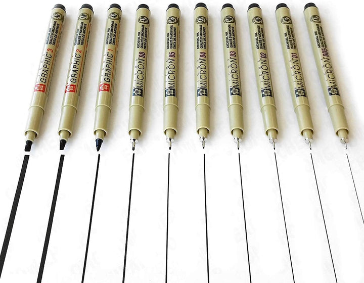 Pigma Sakura Micron & Graphic Tintenfeinschreiber-Set, Schwarz, 0,05 mm – 3,0 mm, 10 Stück