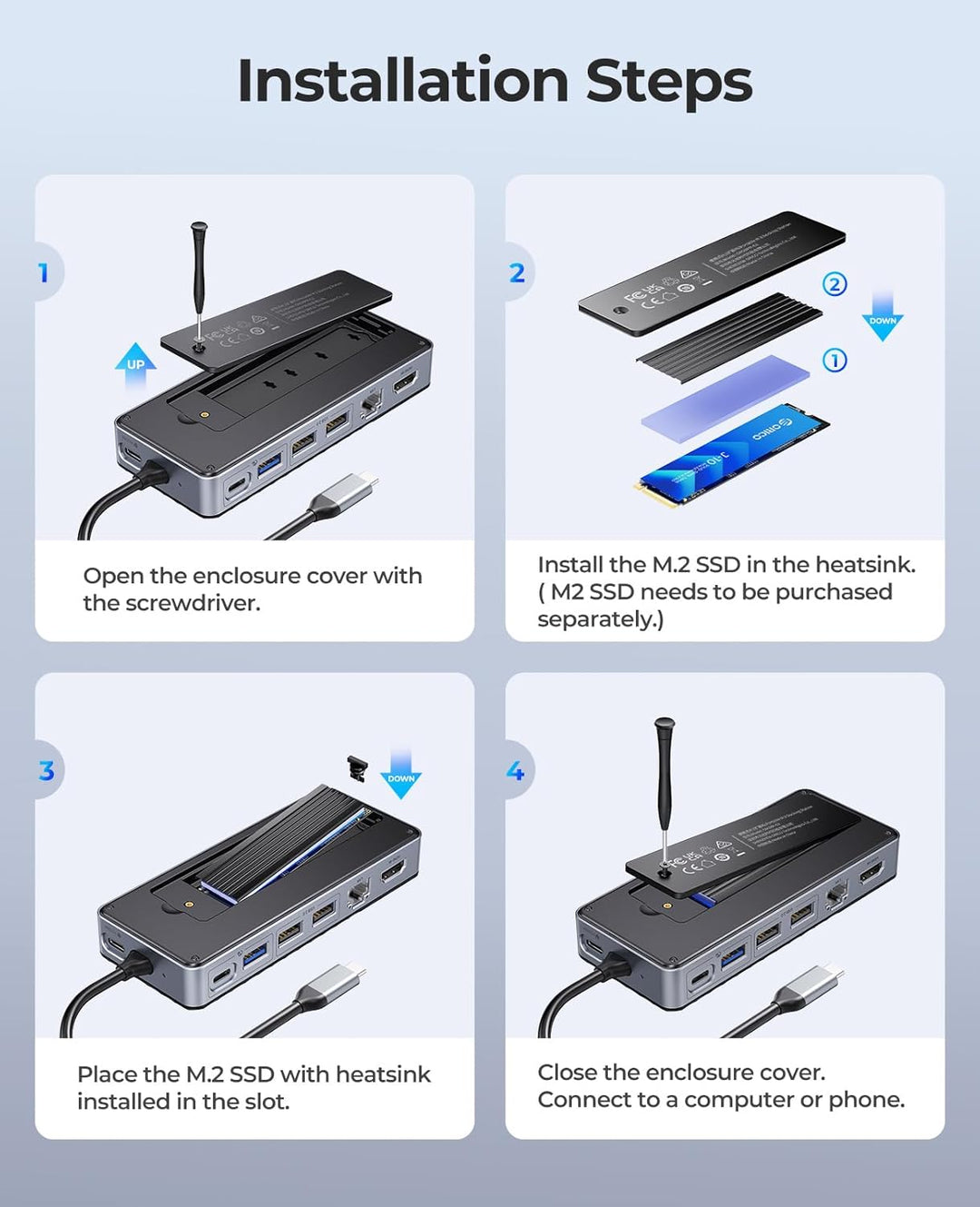 ORICO 8-in-1 USB C Docking Station mit M.2 SSD Gehäuse, USB C Hub für M.2 NVMe/SATA SSD, 10Gbps, 4K@