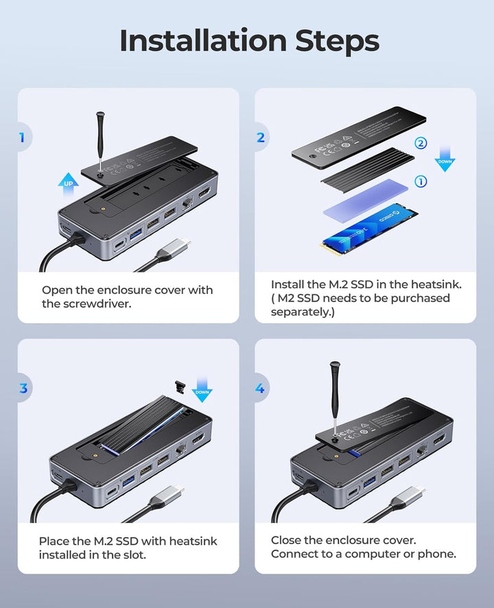ORICO 8-in-1 USB C Docking Station mit M.2 SSD Gehäuse, USB C Hub für M.2 NVMe/SATA SSD, 10Gbps, 4K@
