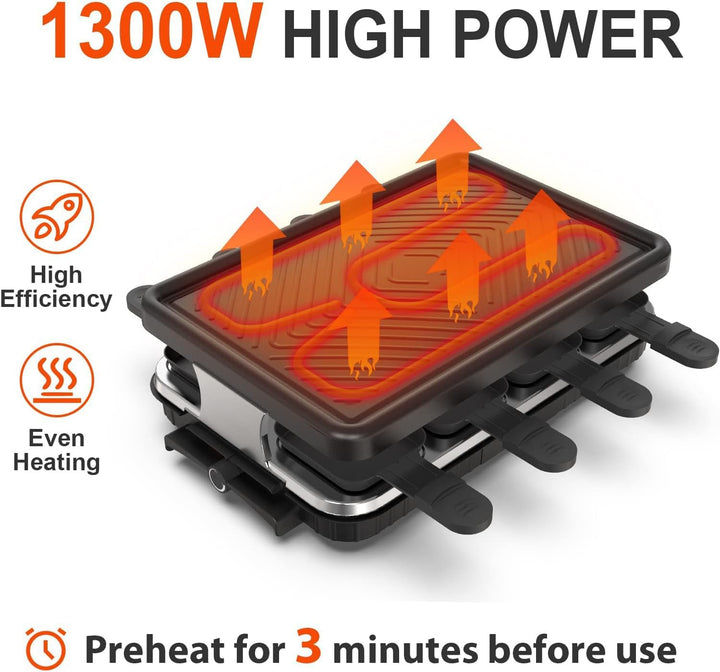 HengBO Raclette Grill für 8 Personen mit 8 Antihaft-Pfännchen, Stufenlos Verstellbare Grillplatte, E