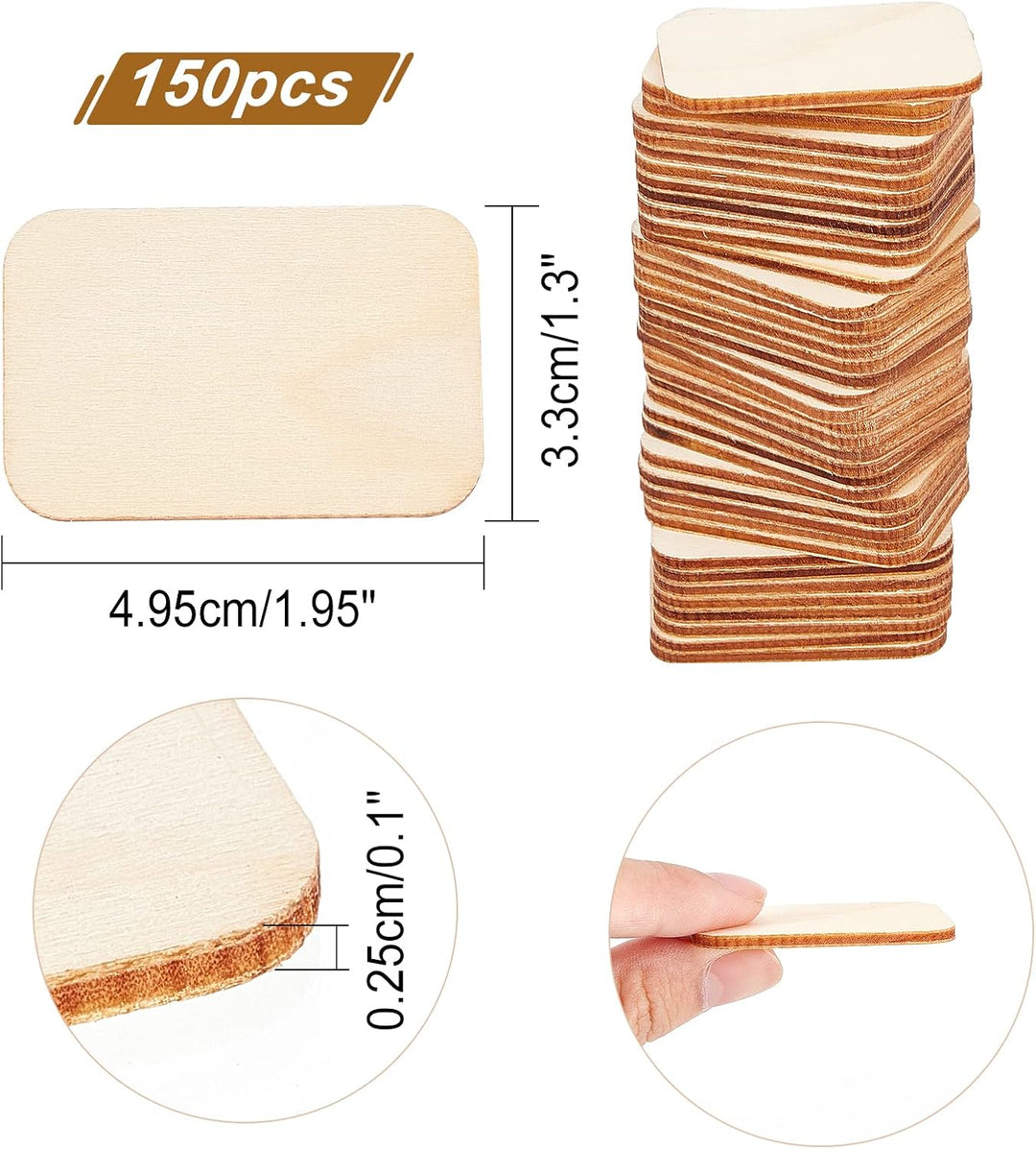 NBEADS 150 Stück rechteckige unbehandelte Holzstücke, 33x50mm blanko Naturholzscheiben Bastelbedarf