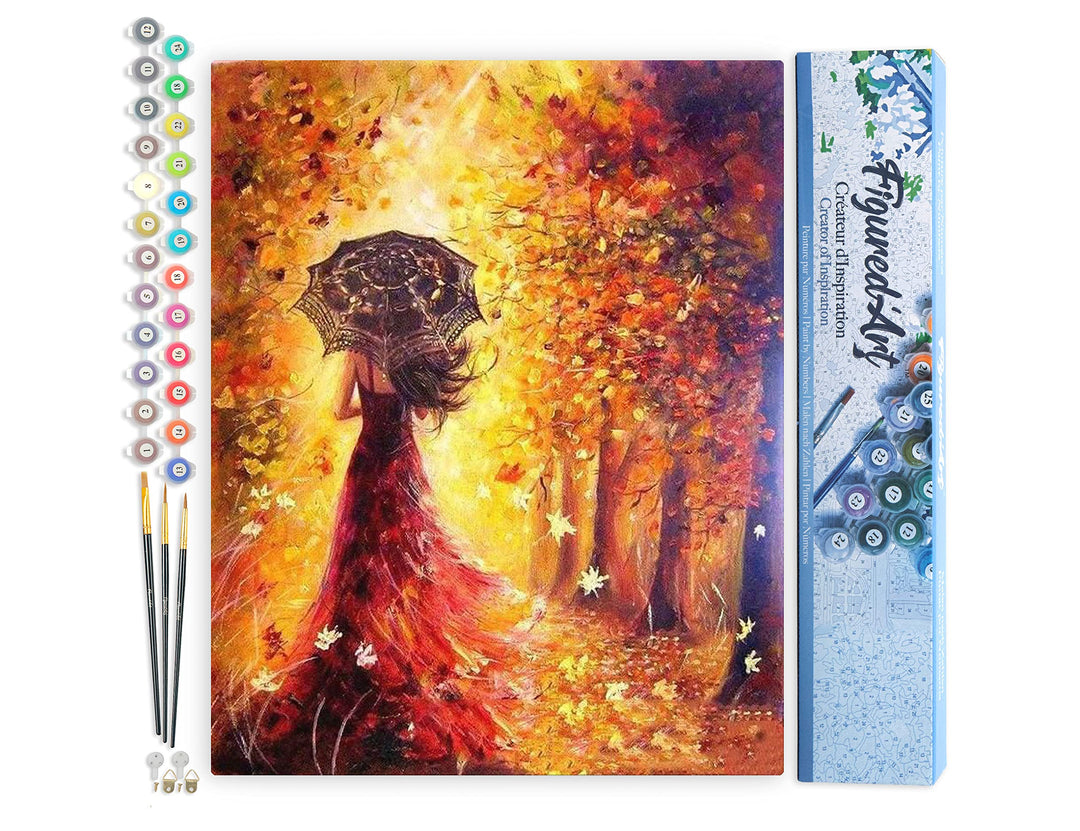 Figured'Art Malen Nach Zahlen Erwachsene Herbstwald und Frau mit Regenschirm - Paint by Numbers Bast
