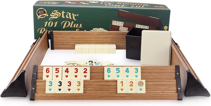101 Plus Semus Star Rummy Set Okey - Materialien (Kunststoff-Spielbänke mit Holz Optik-Furnier - lei