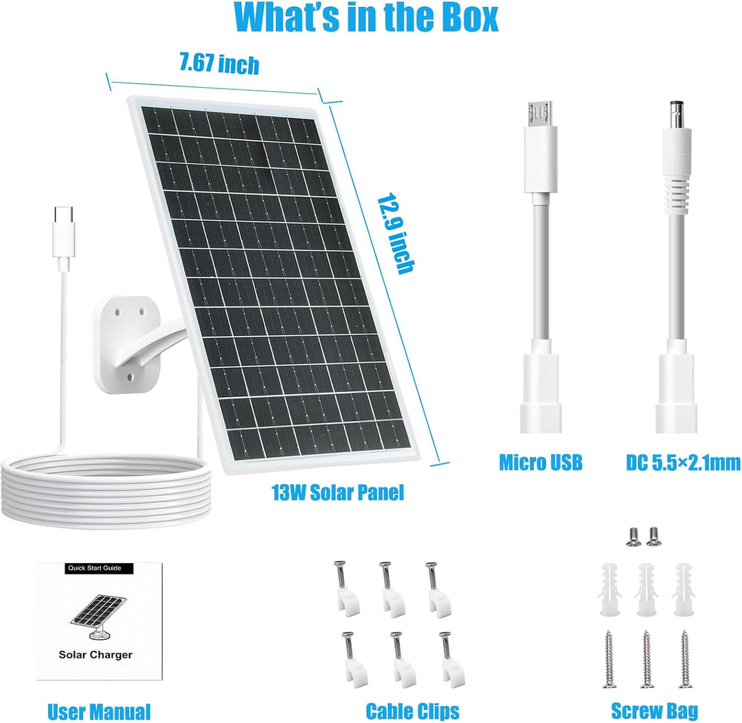 13W Solarpanel für Überwachungskameras mit USB-C, Micro-USB und DC 13 W, Weiss, 13 W, Weiss