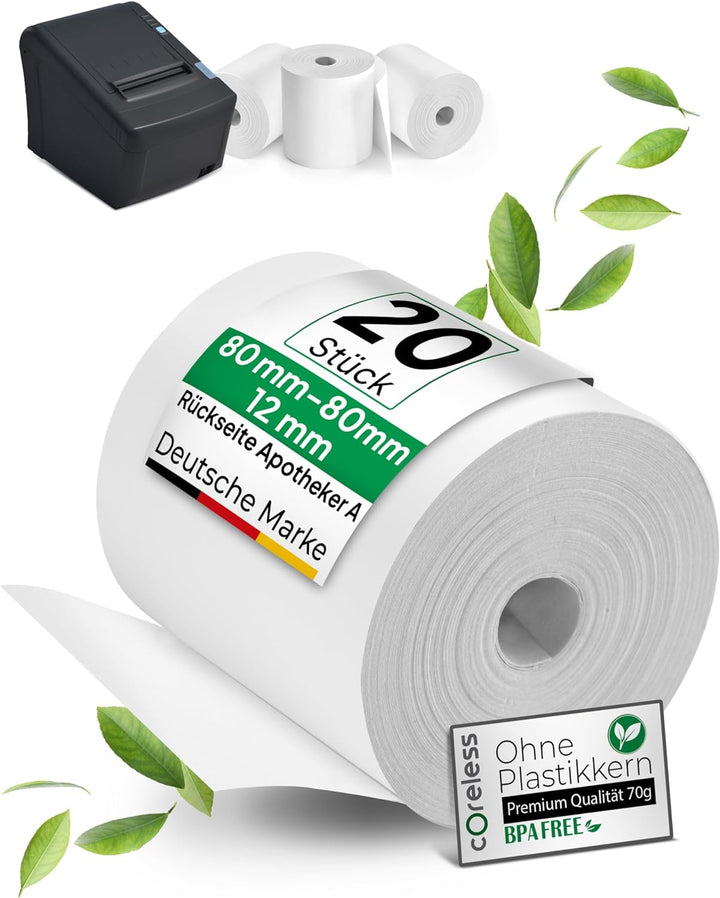 coreless - 50 Thermorollen 80mm x 80mm x 12mm mit Apotheker A ohne Plastikkern - Rolle aus Thermopap