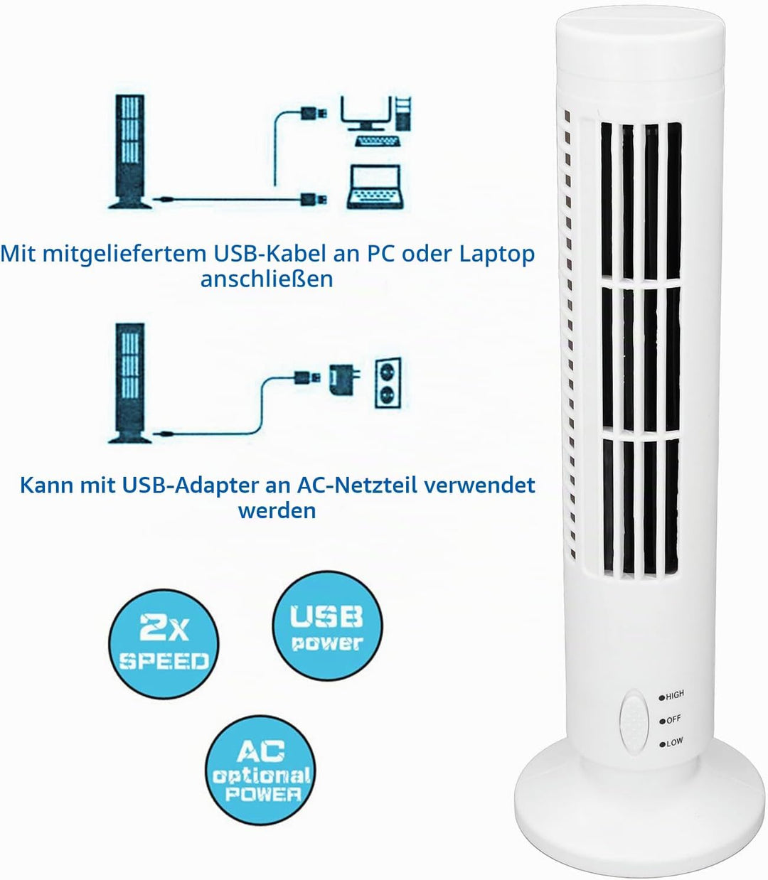 Luqeeg Desktop-Turmventilator, Flügelloser Standventilator, 2 Geschwindigkeiten Einstellbarer Tischv