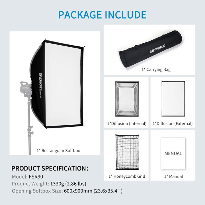 FEELWORLD FSR90 90×60cm Rechteckige Softbox, LED Licht Studio Fotostudio Set Zubehör, Bowens Halteru