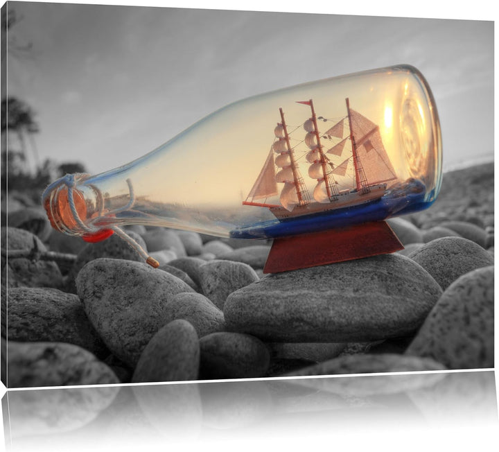 Schiff in Flasche am Steinstrand schwarz/weiss Format: 100x70 auf Leinwand, XXL riesige Bilder ferti