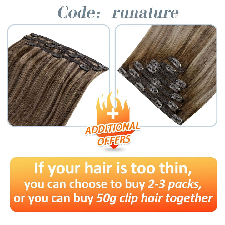 RUNATURE Clip in Echthaar Extensions Balayage Dunkelbraun bis Braun mit Blond Clip in Extensions Ech