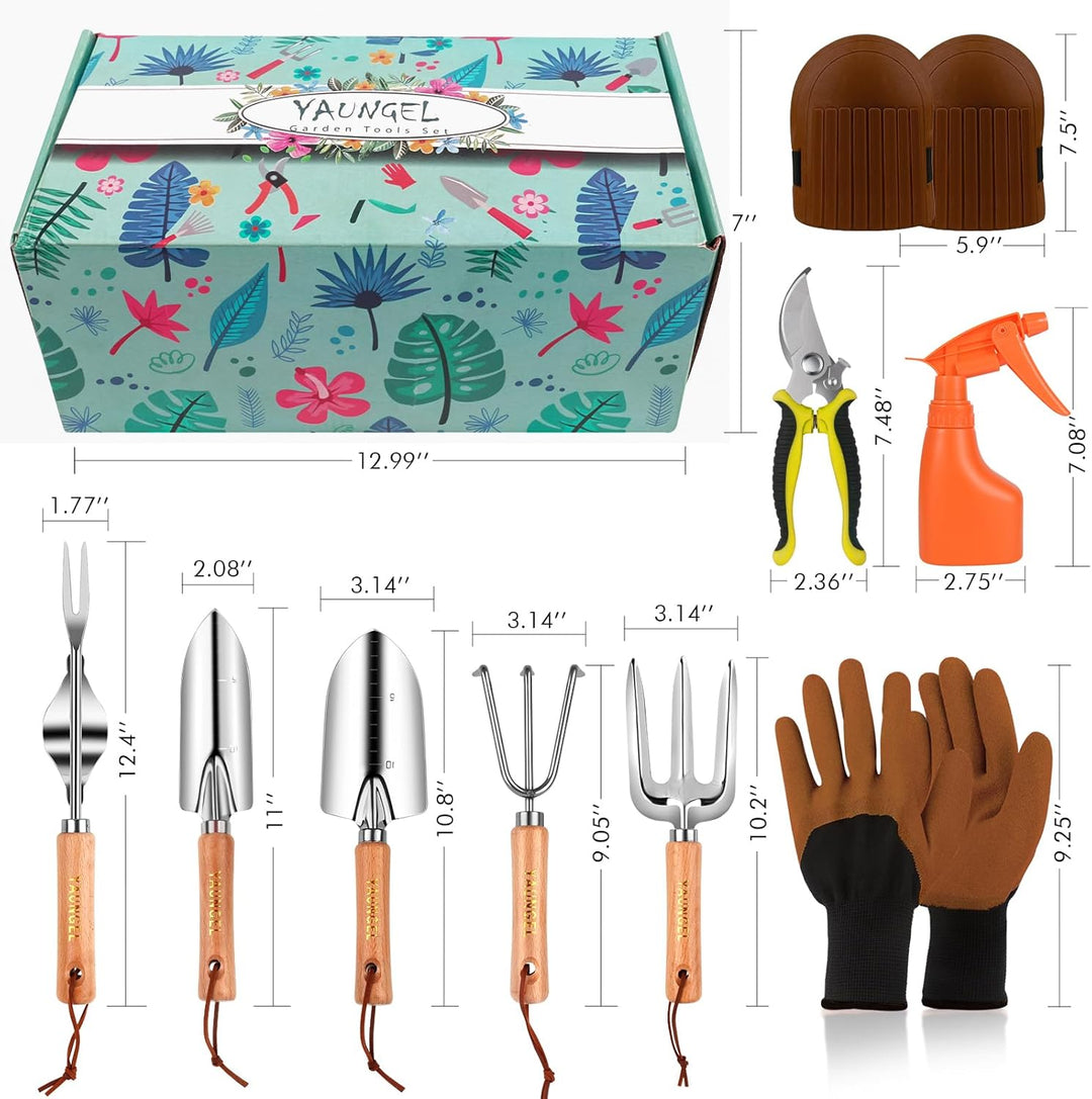 YAUNGEL Gartenwerkzeug Set, 10 Stück Schwerlast Edelstahl Gartenarbeit Kit mit Non-Slip Holzgriff- G