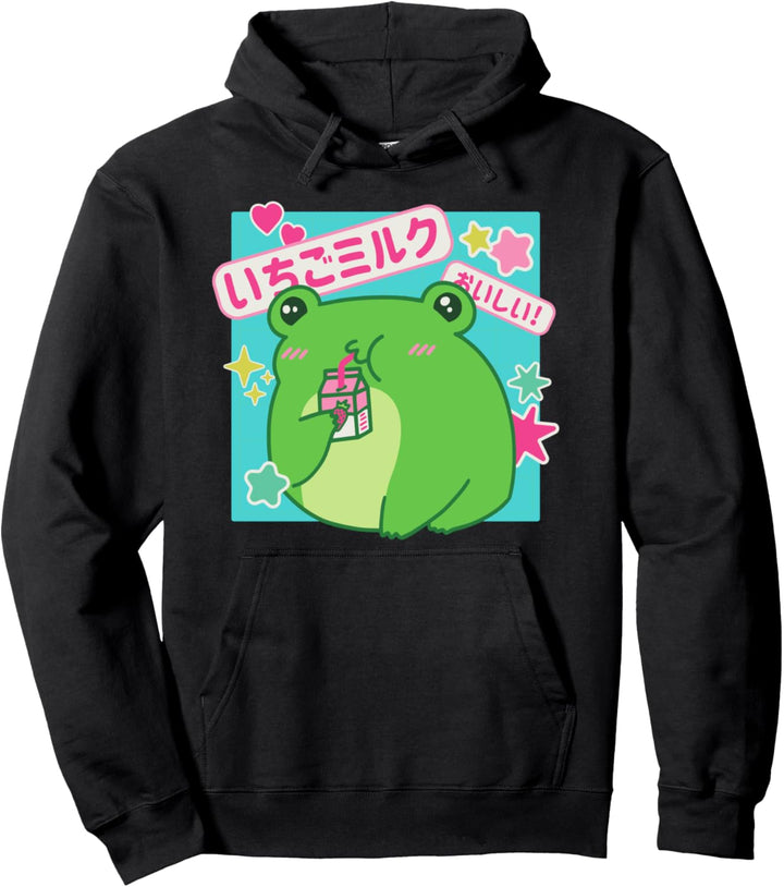 Kawaii Frosch Erdbeermilch Japanische Buchstaben Süsse Grafik Pullover Hoodie