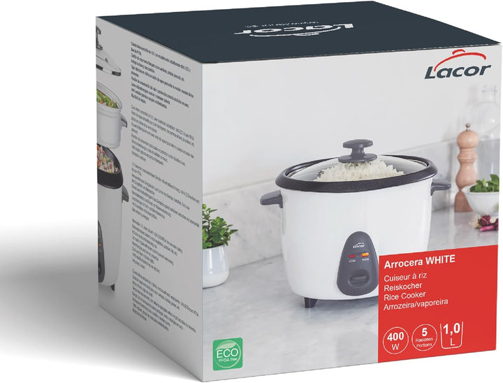 Lacor - 69441 - Elektrischer Reiskocher 1 L, 5 Portionen, ECO Antihaftbeschichtung, Glasdeckel, Kont
