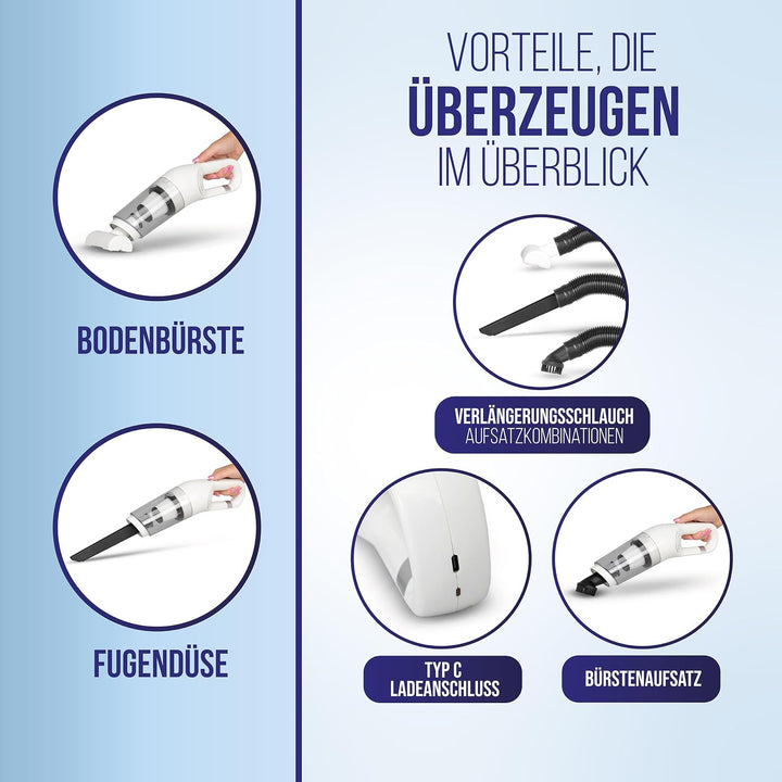 alca® Akku-Handstaubsauger 70W 7,4V 5500Pa Saugkraft, weiss | kabelloser Auto-Staubsauger mit USB-C,