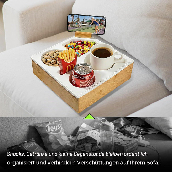 VINATO Couchtisch mit Snackbox, 360° drehbarer Handyhalter, Getränkehalter &amp; Staufächern – Aus Bambu