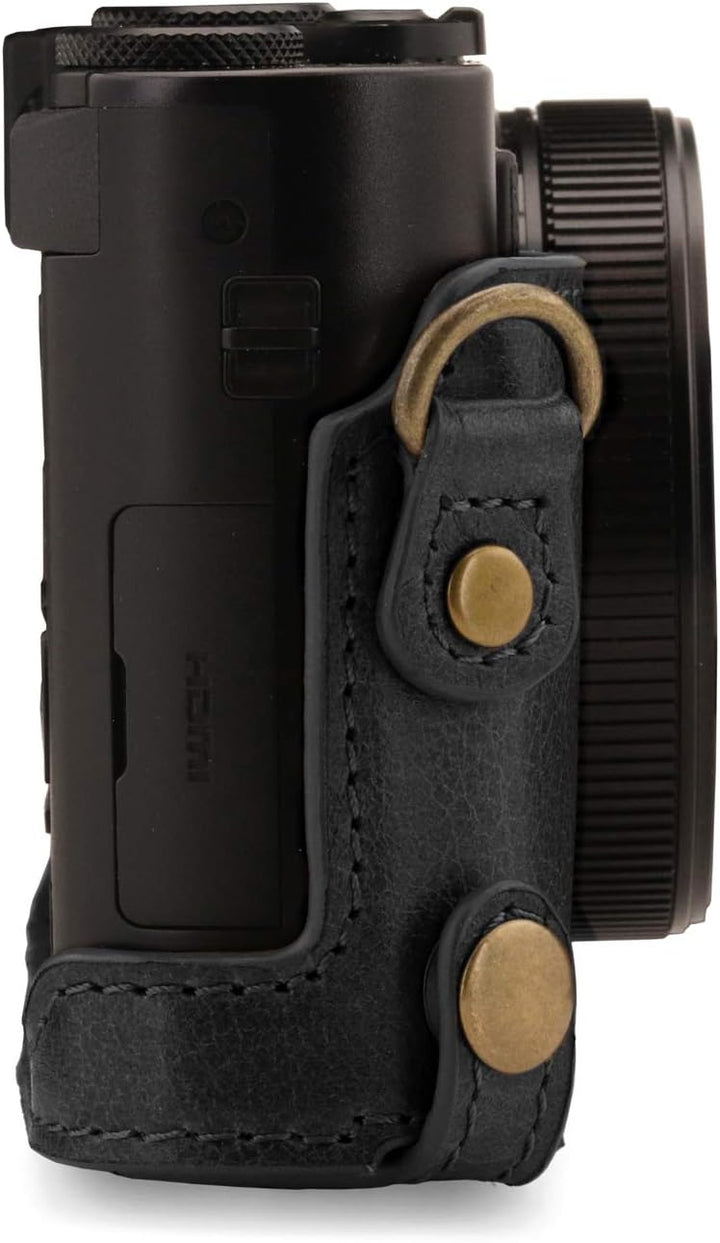 MegaGear Panasonic Lumix DC-TZ100, TZ200 Ever Ready Echtleder Kamera-Case mit Trageriemen - Schwarz,