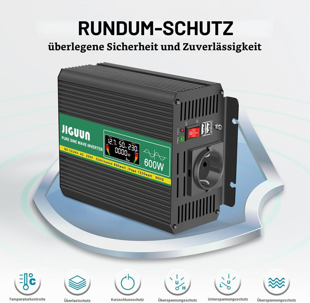 JIGUUN 600W Wechselrichter Reiner Sinus Spannungswandler 12v 230v Inverter Mit EU-Steckdose und 2 US