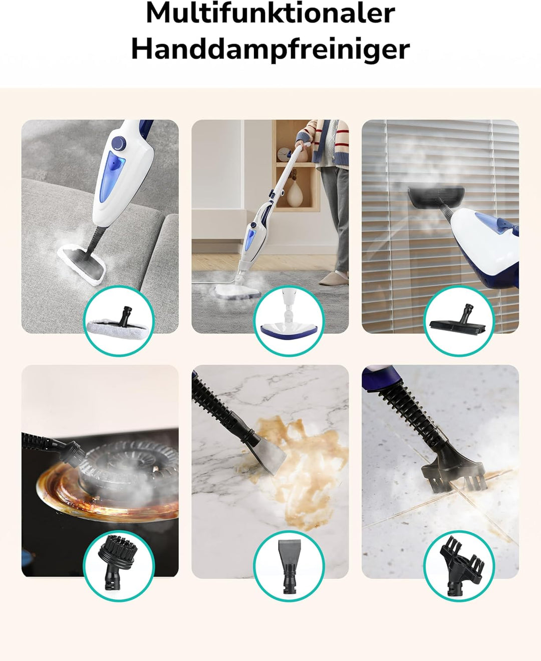12-in-1 Dampfreiniger Bodenreiniger, 1500W Steam Mop mit Handgerät, 15 Sek. Schnellaufheizung, 30g/m